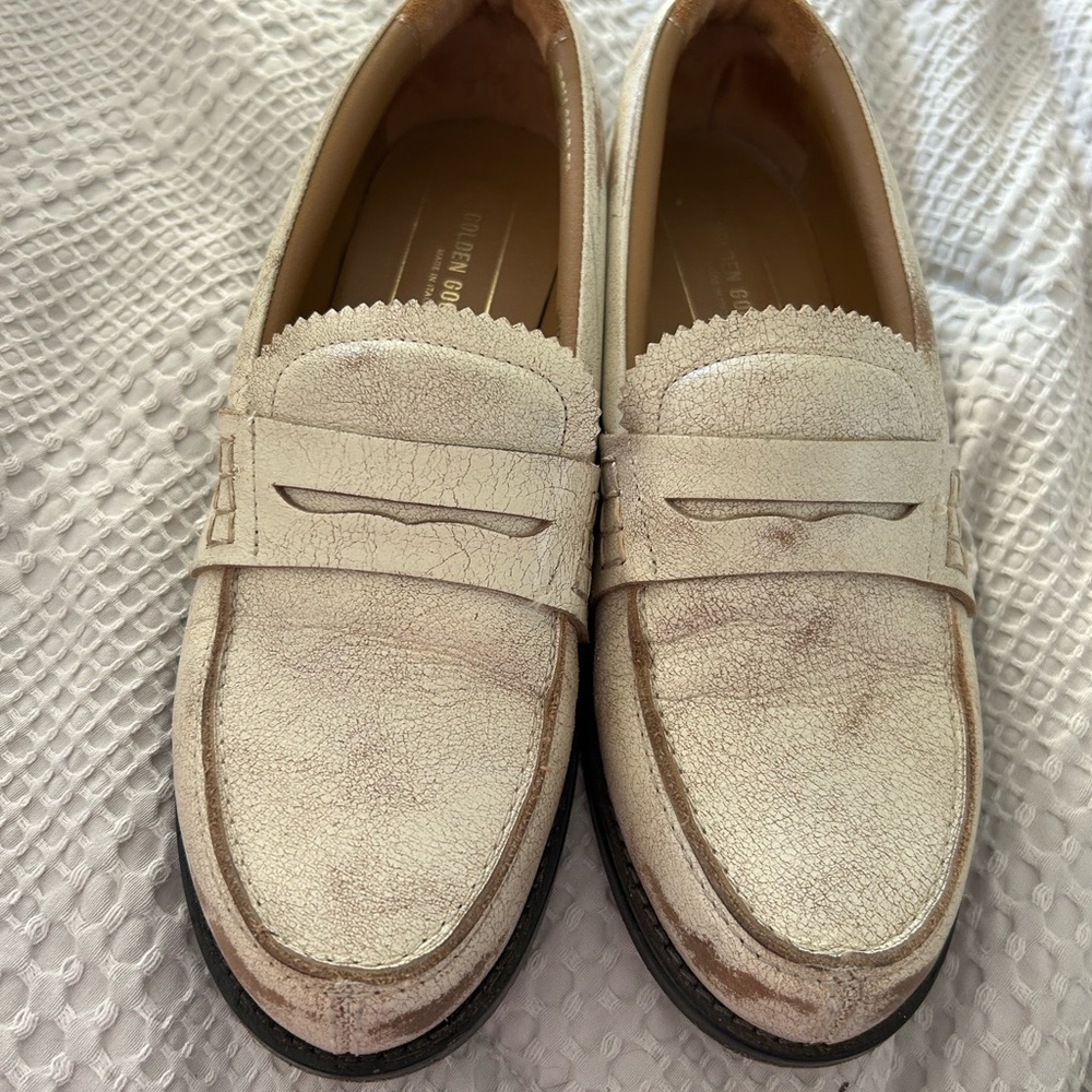 Golden Goose Cream Loafers with Black Soles